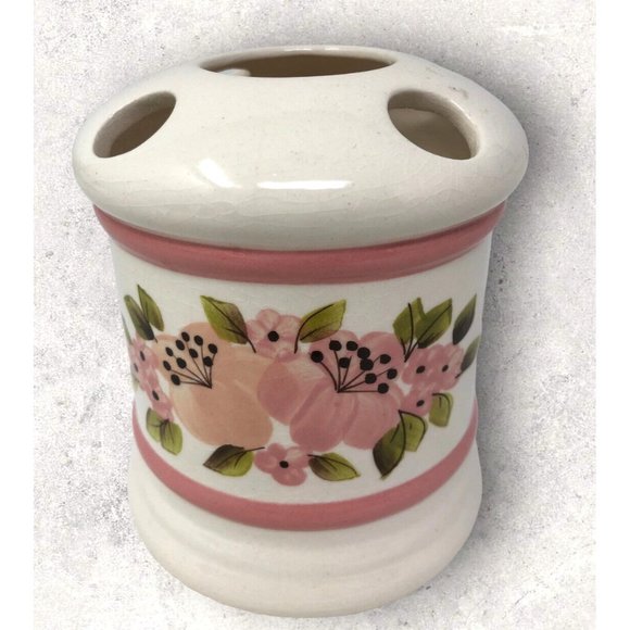 Vee Jackson Toothbrush Holder Handpainted Pink Floral Vintage California Pottery - Picture 1 of 5